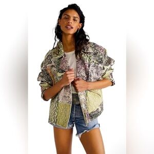 Free People Nadia Moto Jacket Pierced Mix Print Paisley Sage Pink Black